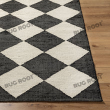 Load image into Gallery viewer, Handwoven Jute & Wool Rug with Geometric Diamond Design - Black & Ivory