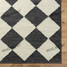 Load image into Gallery viewer, Handwoven Jute & Wool Rug with Geometric Diamond Design - Black & Ivory