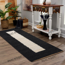 Load image into Gallery viewer, Handwoven Jute Runner Rug – Minimalist Black & Natural White Stripe