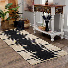 Load image into Gallery viewer, Handwoven Jute & Wool Runner Rug – Black & Beige Tribal Geometric Pattern