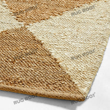 Load image into Gallery viewer, Handwoven Jute & Wool Rug – Natural & White Geometric Diamond Pattern