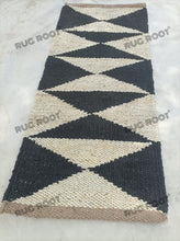 Load image into Gallery viewer, Handwoven Jute & Wool Runner Rug – Black & Natural White Geometric Pattern