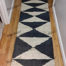 Load image into Gallery viewer, Handwoven Jute & Wool Runner Rug – Black & Natural White Geometric Pattern