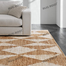 Load image into Gallery viewer, Handwoven Jute & Wool Rug – Natural & White Geometric Diamond Pattern