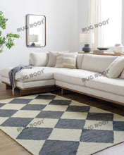 Load image into Gallery viewer, Handwoven Jute & Wool Rug with Geometric Diamond Design - Blue & Ivory