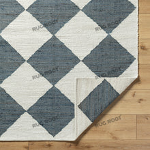 Load image into Gallery viewer, Handwoven Jute & Wool Rug with Geometric Diamond Design - Blue & Ivory