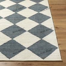 Load image into Gallery viewer, Handwoven Jute & Wool Rug with Geometric Diamond Design - Blue & Ivory