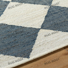 Load image into Gallery viewer, Handwoven Jute & Wool Rug with Geometric Diamond Design - Blue & Ivory
