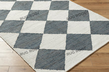 Load image into Gallery viewer, Handwoven Jute & Wool Rug with Geometric Diamond Design - Blue & Ivory