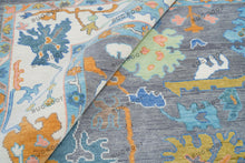 Load image into Gallery viewer, Silver Garden | Handwoven Grey Oushak Rug with Emerald Accents | Floral