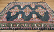 Load image into Gallery viewer, Emerald & Navy Tapestry | Handwoven Turkish Oushak Rug with Pink Accents | Wool