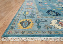 Load image into Gallery viewer, Hand Knotted Oushak Rug in Aqua, Teal, and Navy | Living Room | Green & Pink Accent