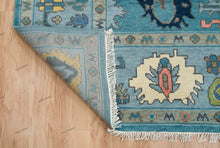 Load image into Gallery viewer, Hand Knotted Oushak Rug in Aqua, Teal, and Navy | Living Room | Green & Pink Accent