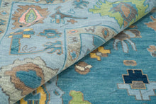 Load image into Gallery viewer, Hand Knotted Oushak Rug in Aqua, Teal, and Navy | Living Room | Green & Pink Accent