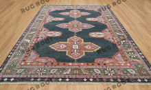 Load image into Gallery viewer, Emerald & Navy Tapestry | Handwoven Turkish Oushak Rug with Pink Accents | Wool