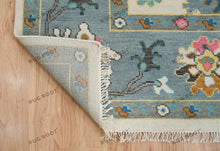 Load image into Gallery viewer, Pink Blue Contemporary Vibrant Turkish Rug | White Blue Oushak Area Rug | Blue Pink Wool Rug in Graphite Details