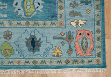 Load image into Gallery viewer, Hand Knotted Oushak Rug in Aqua, Teal, and Navy | Living Room | Green & Pink Accent