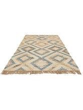 Load image into Gallery viewer, Handwoven Jute &amp; Wool Rug with Diamond Pattern in Blue &amp; Beige – Flatweave
