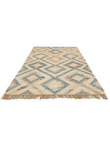Handwoven Jute & Wool Rug with Diamond Pattern in Blue & Beige – Flatweave
