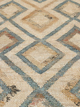 Load image into Gallery viewer, Handwoven Jute &amp; Wool Rug with Diamond Pattern in Blue &amp; Beige – Flatweave
