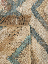 Load image into Gallery viewer, Handwoven Jute &amp; Wool Rug with Diamond Pattern in Blue &amp; Beige – Flatweave

