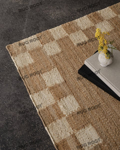 Natural Jute Handwoven Rug with Ivory Checkerboard Border, Classic Rustic Design for Living Room & Bedroom