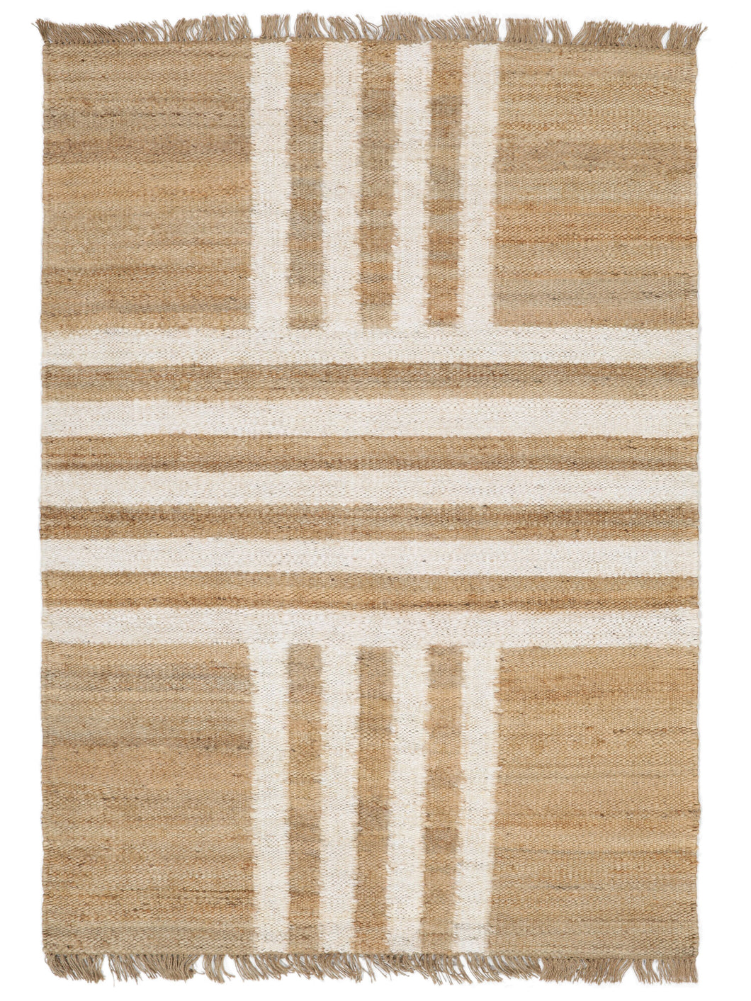 Handwoven Jute & Wool Rug with Striped Cross Pattern in Natural & Ivory – Flatweave