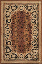 Load image into Gallery viewer, Hand-tufted rug with a brown and beige leopard design center and an intricate floral border. Available in rectangular and round shapes.
