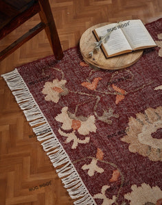 Handwoven Floral Wool Rug with Vintage-Inspired Design & Rich Burgundy Tones