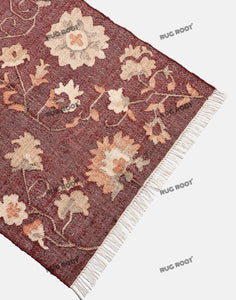 Handwoven Floral Wool Rug with Vintage-Inspired Design & Rich Burgundy Tones