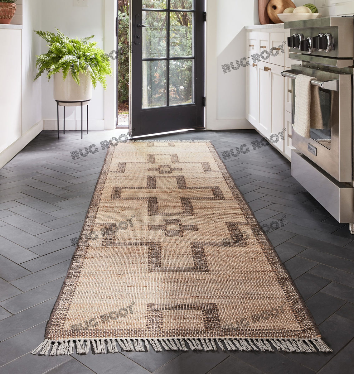 Handwoven Jute & Wool Rug - Geometric Cross Pattern in Natural & Beige ...