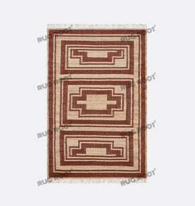 Handwoven Wool Rug with Terracotta & Beige Geometric Border Design