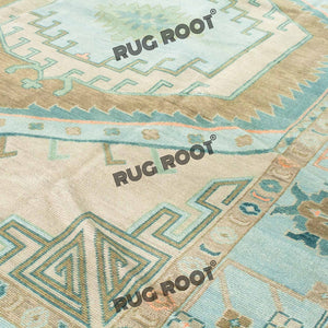 Handcrafted Harmony | Turkish Rug with Serene Blue Medallion and Geometric Borders