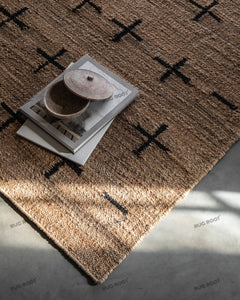 Natural Beige Handwoven Rug with Black Geometric Cross Pattern, Modern Minimalist Design for Living Room & Bedroom