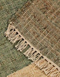 Handwoven Jute & Wool Rug with Modern Block Pattern - Earthy Green & Beige