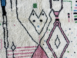 Geometric Grace | Ivory Moroccan Rug with Colorful Tribal Motifs