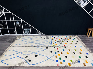 Modern Moroccan Azilal Rug | Handwoven Wool Rug with Bold Blue Geometric Motifs