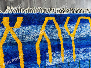 Vivid Blue Moroccan Azilal Rug | Handwoven Wool Art with Red Diamond Motifs