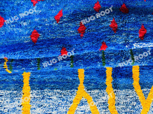 Vivid Blue Moroccan Azilal Rug | Handwoven Wool Art with Red Diamond Motifs