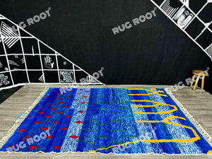Vivid Blue Moroccan Azilal Rug | Handwoven Wool Art with Red Diamond Motifs