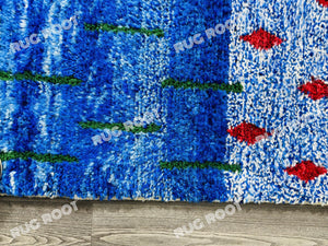 Vivid Blue Moroccan Azilal Rug | Handwoven Wool Art with Red Diamond Motifs