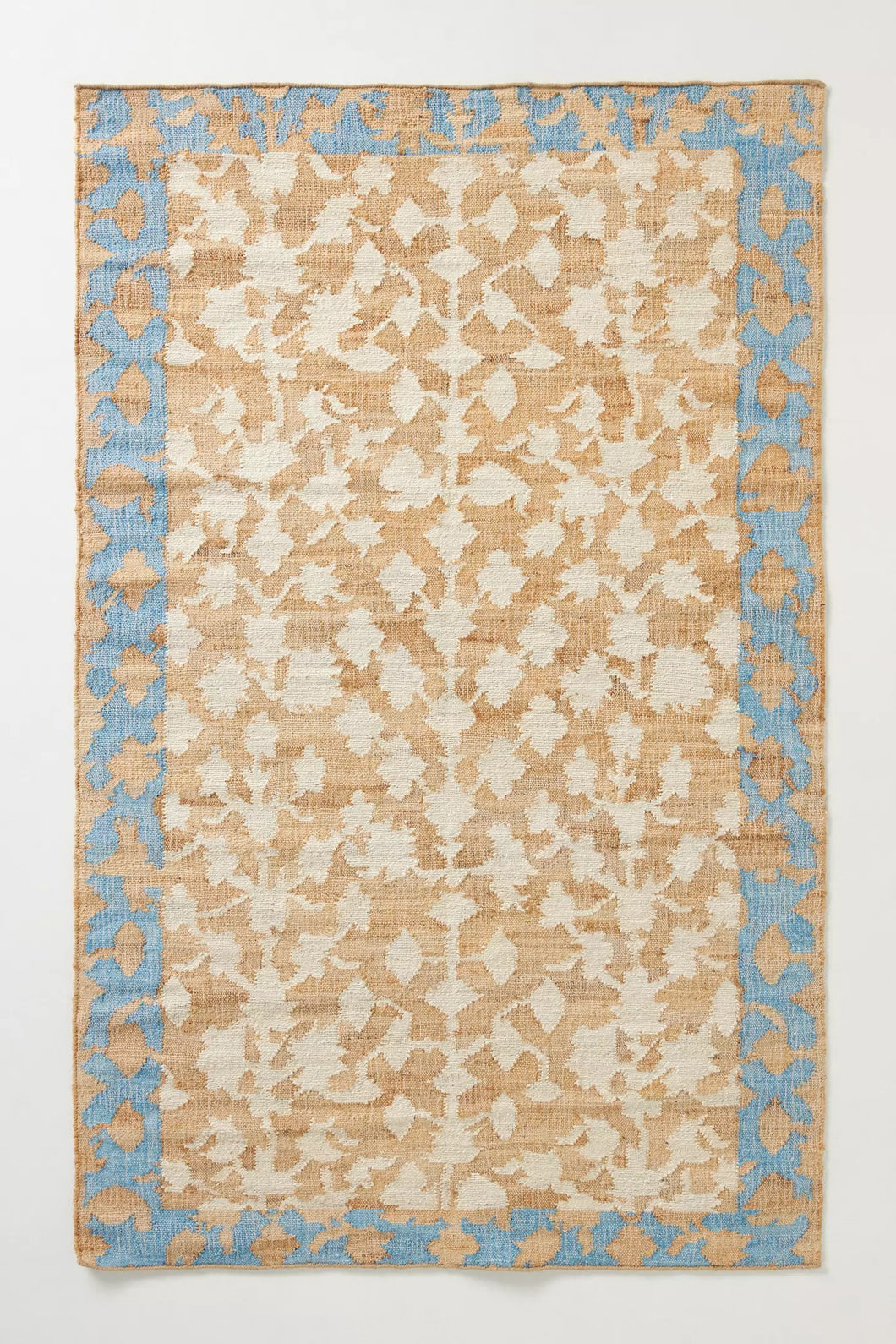 Handwoven Jute & Wool Rug with Floral Border Design - Natural, Blue & Ivory