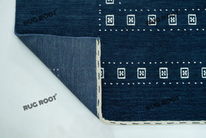Minimalist Tribal Charm | Blue Gabbeh Rug with White Border for Serene Living Spaces