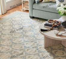 Load image into Gallery viewer, Handwoven Wool &amp; Jute Rug with Blue &amp; Ivory Geometric Pattern – Flatweave
