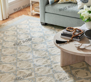 Handwoven Wool & Jute Rug with Blue & Ivory Geometric Pattern – Flatweave