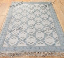 Load image into Gallery viewer, Handwoven Wool &amp; Jute Rug with Blue &amp; Ivory Geometric Pattern – Flatweave
