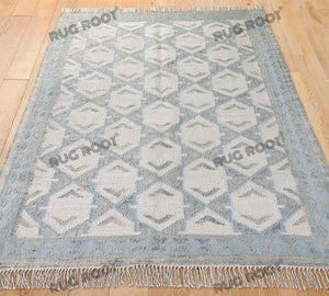Handwoven Wool & Jute Rug with Blue & Ivory Geometric Pattern – Flatweave