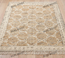 Load image into Gallery viewer, Handwoven Wool &amp; Jute Rug with Geometric Diamond Pattern in Natural &amp; Beige – Flatweave
