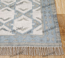 Load image into Gallery viewer, Handwoven Wool &amp; Jute Rug with Blue &amp; Ivory Geometric Pattern – Flatweave
