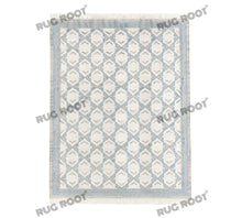 Load image into Gallery viewer, Handwoven Wool &amp; Jute Rug with Blue &amp; Ivory Geometric Pattern – Flatweave
